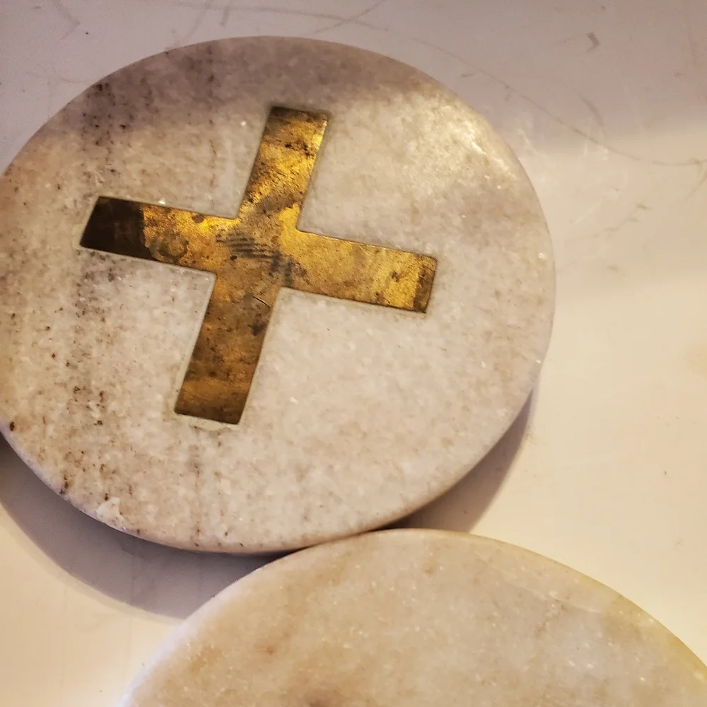 White Marble and Brass Inlay Cross Coasters Set of 4 Round Stone Drink Coasters